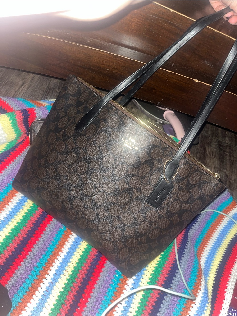 Coach Dark Brown Signature Canvas Tote with Black Handles